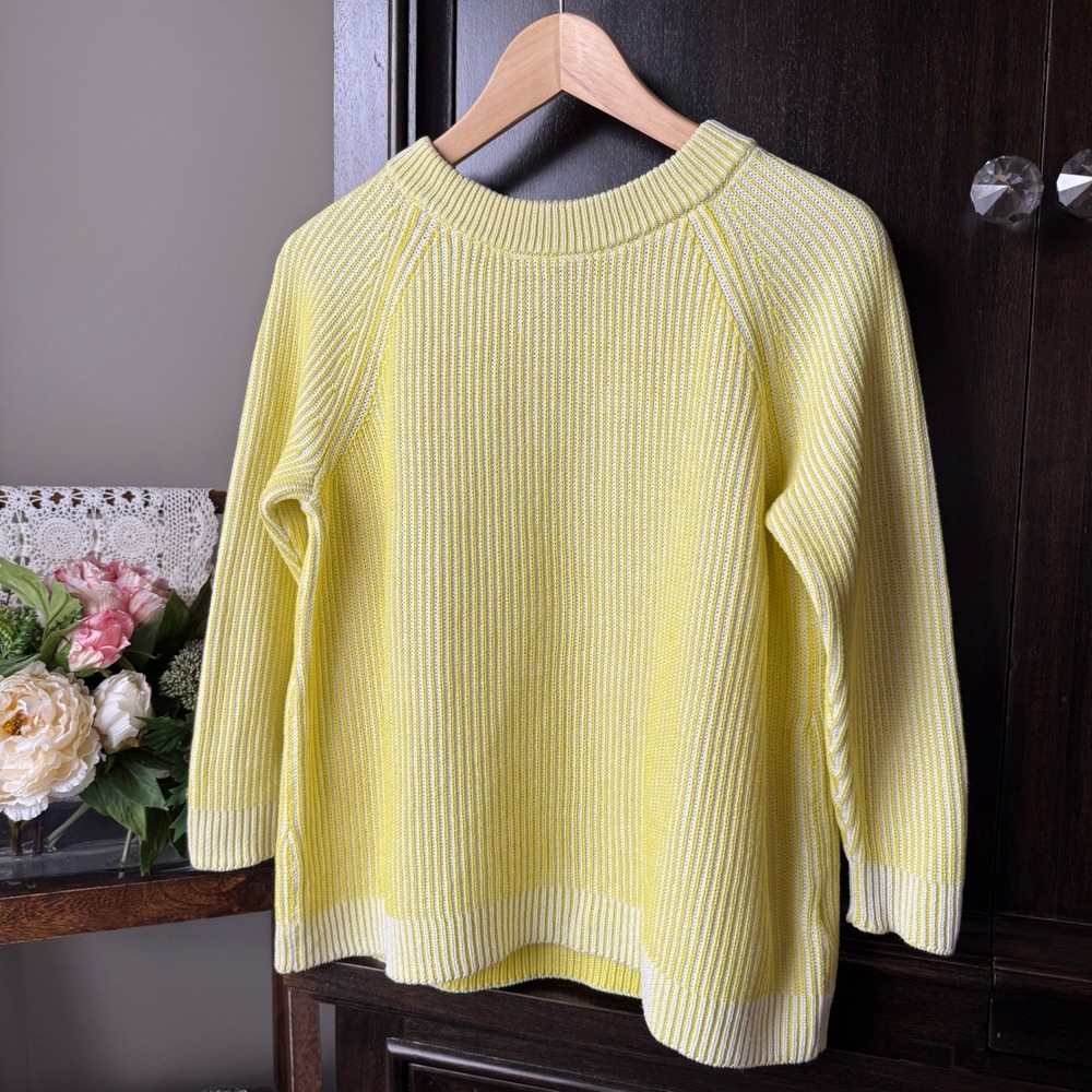 Lands End Drifter Sweater Womens Small Yellow White Ribbed Cotton Knit Pullover